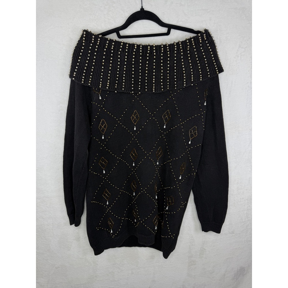 Lindsey Blake Vintage Black Beaded Pearl Off Shoulder Sweater Portrait Collar L